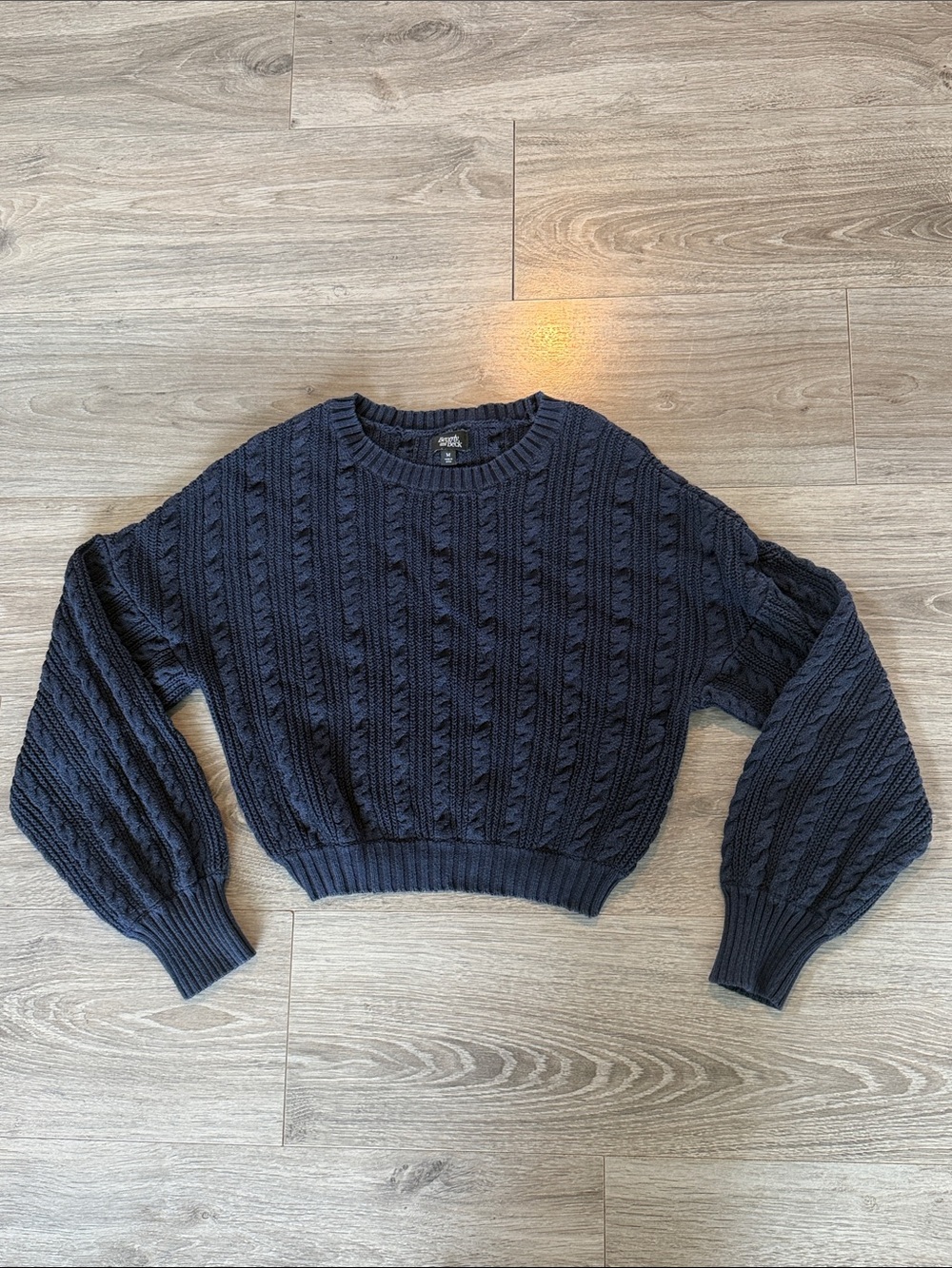 Cable-Knit Cropped Crewneck Sweater - Navy